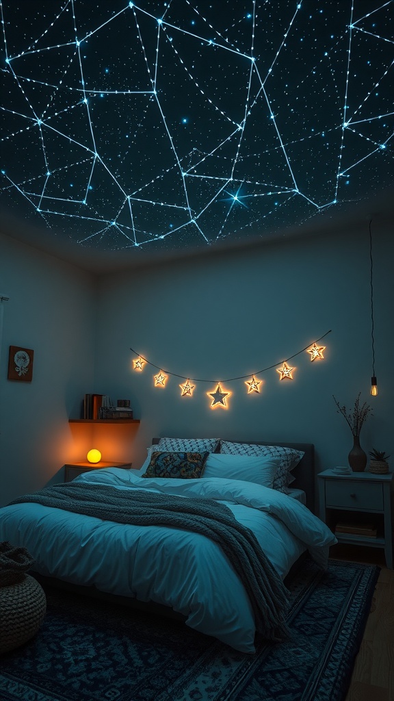 A cozy bedroom with a starlight projector casting a starry pattern on the ceiling and star-shaped string lights on the wall.