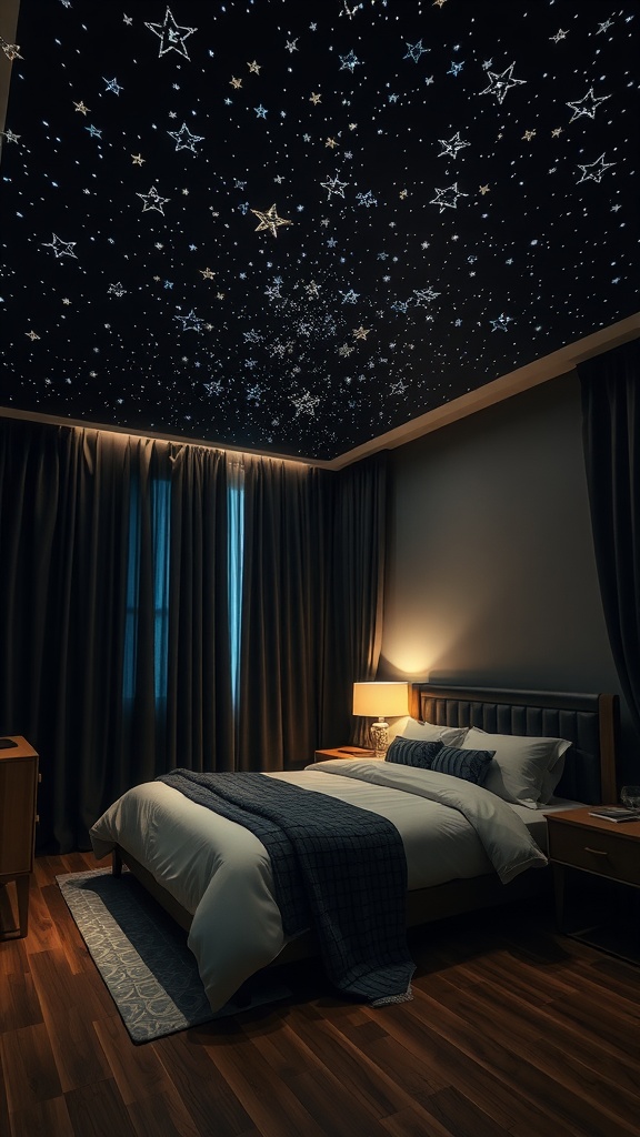 A cozy bedroom featuring a starlit ceiling and dark drapes, with warm wooden floors and soft bedding.