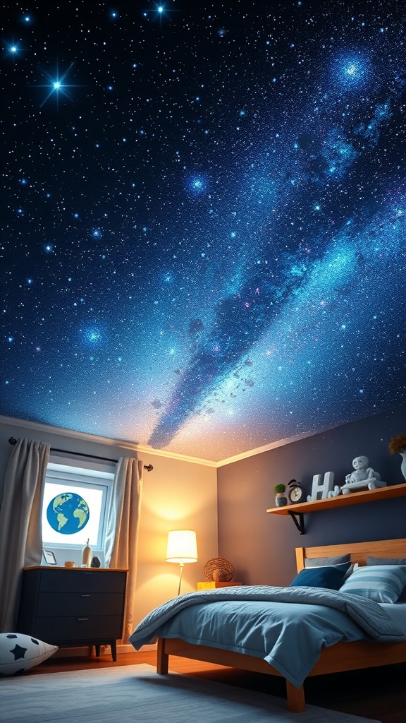 A cozy bedroom with a starry night ceiling design, featuring deep blue colors and many stars.
