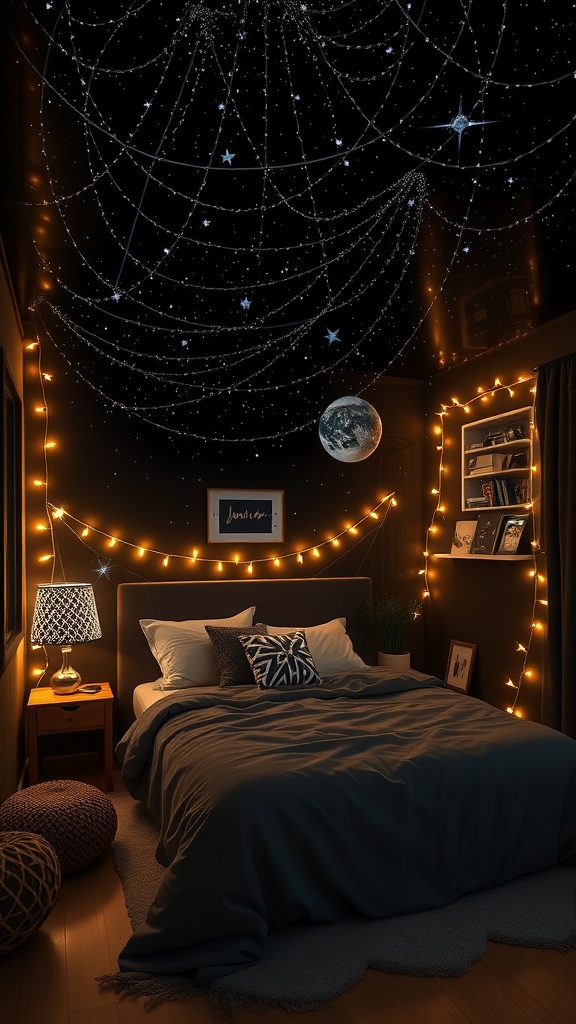 A cozy bedroom featuring a starry night ceiling, string lights, and soft bedding.