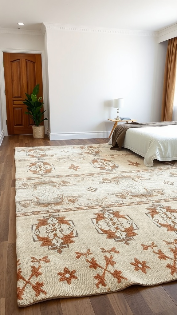 A spacious beige bedroom featuring a decorative rug with floral patterns, wooden flooring, a bed, and a potted plant.