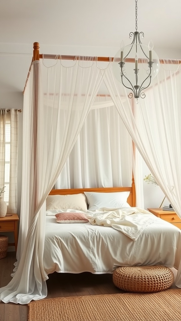 A canopy bed with sheer white drapes, a cozy bed with soft pillows, and natural decor elements in a rustic boho style bedroom.