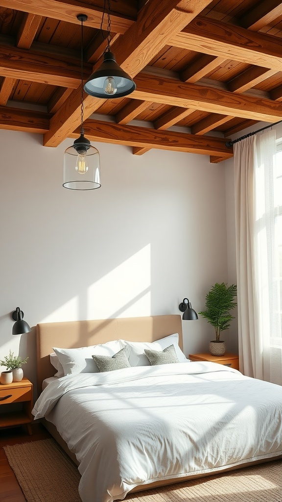 A modern farmhouse bedroom featuring statement lighting and exposed wooden beams on the ceiling.