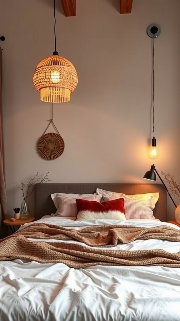 A cozy bedroom featuring a woven pendant light and a minimalist bedside lamp, showcasing chic boho mid-century modern design.