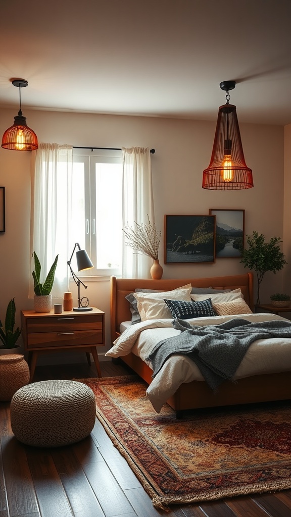 A cozy boho mid-century modern bedroom with stylish pendant lighting, wooden furniture, and decorative plants.