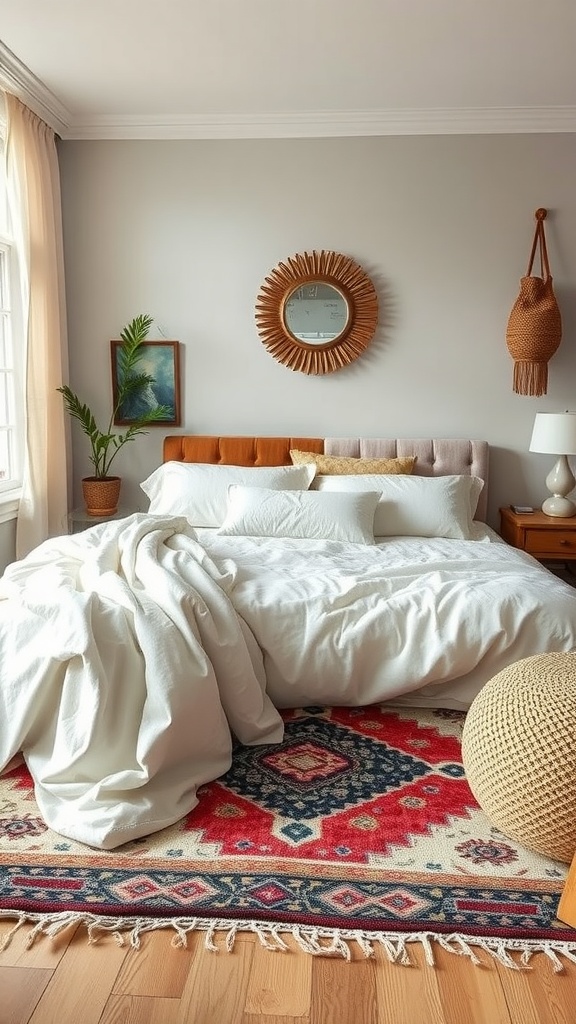A cozy bedroom featuring a large, colorful statement rug under a bed, with soft bedding and decor elements.