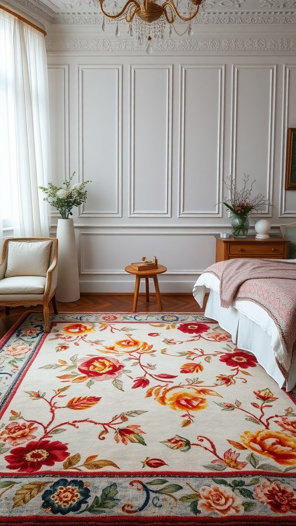 A beautifully patterned rug with floral designs in a feminine bedroom setting.