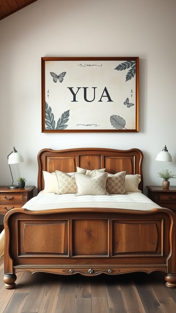 A stylish farmhouse bedroom featuring a framed artwork with the word 'YUA' alongside leaves and butterflies.