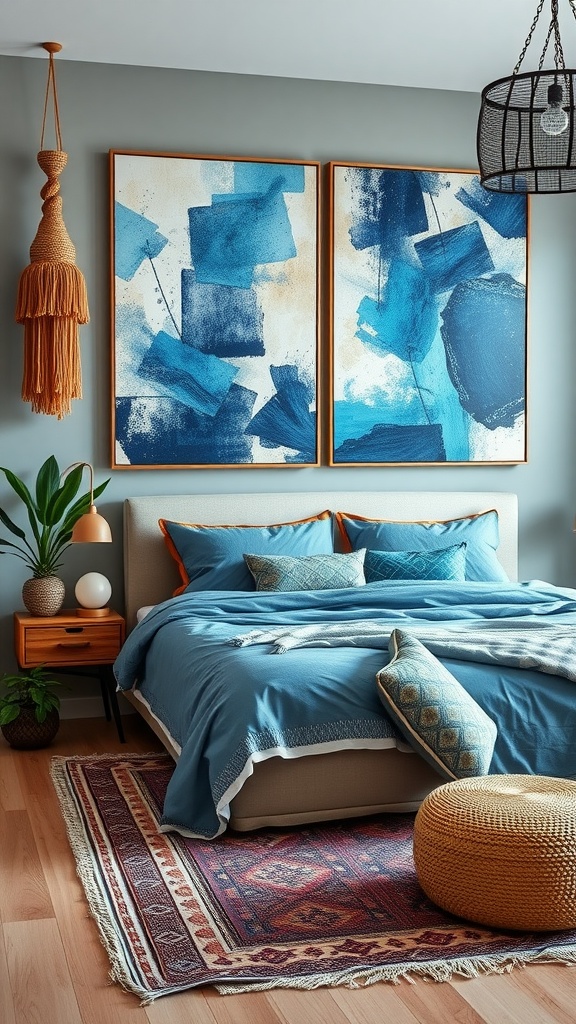 A cozy boho bedroom featuring two large blue abstract art pieces on the wall, complemented by a stylish bed and eclectic decor.