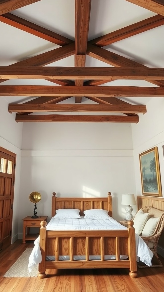 A modern farmhouse bedroom featuring statement wood beams on the ceiling