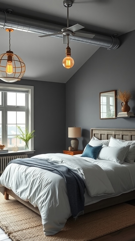 A modern farmhouse bedroom with steel gray walls, industrial light fixtures, and cozy bedding.