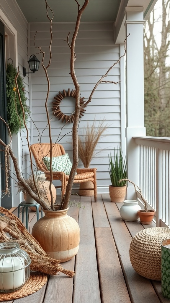 A boho-style back porch featuring a tall branch in a pot, rattan furniture, and various plants.
