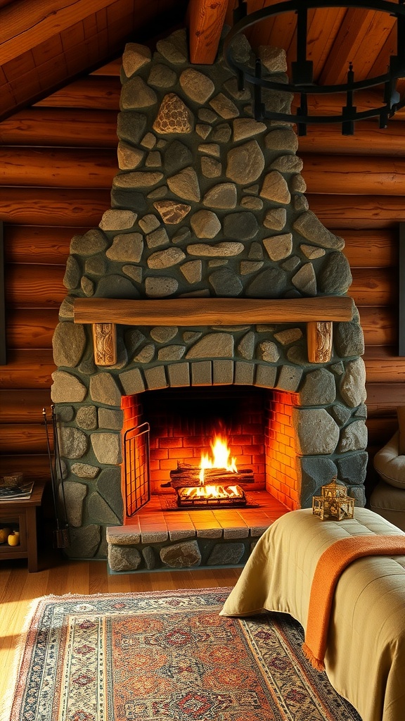 Cozy rustic cabin bedroom with a stone fireplace