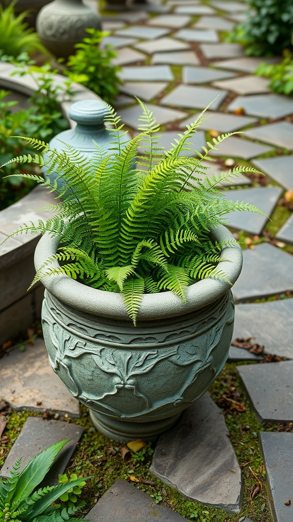 A stone planter with a natural texture filled with a vibrant fern, set on a stone pathway