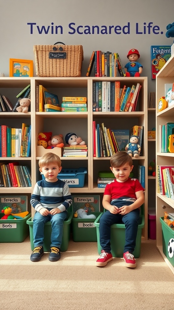 Twin boys sitting in a brightly colored room with organized storage for toys and books.