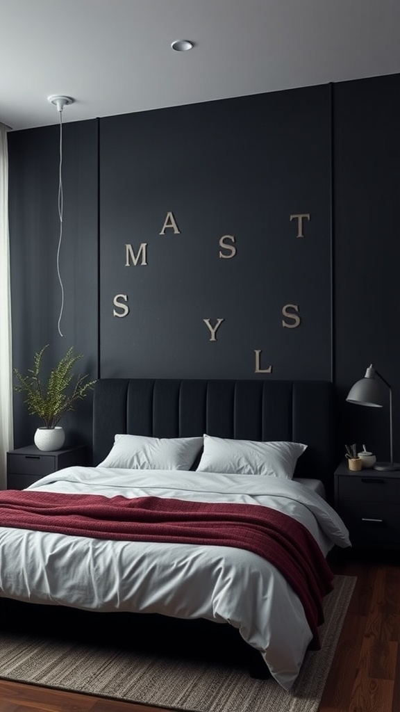 A cozy bedroom with a dark accent wall, featuring a black bed, white bedding, and a maroon throw blanket.