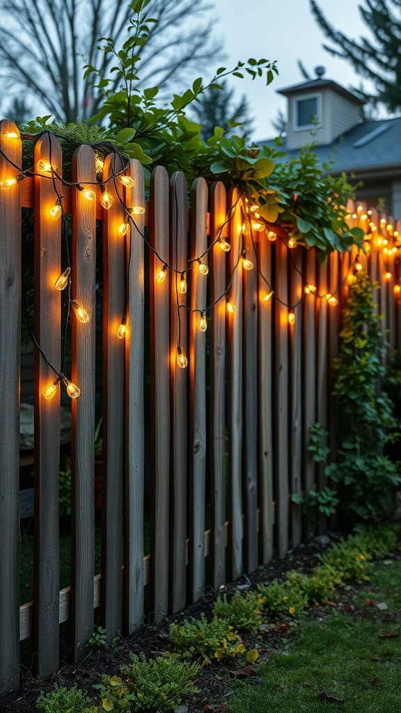 A wooden fence adorned with warm string lights and greenery, creating a cozy garden atmosphere.