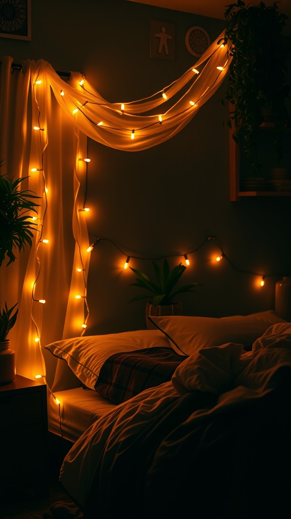 Cozy boho bedroom with string lights and soft fabrics