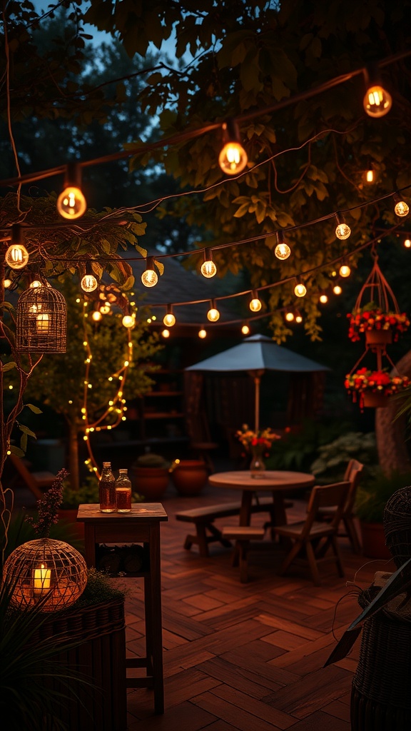 A cozy garden setting illuminated by string lights, featuring wooden furniture and lush greenery.