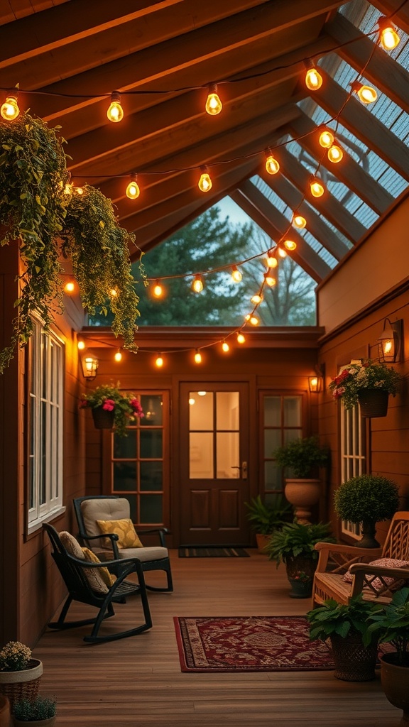 Cozy back porch adorned with string lights and plants