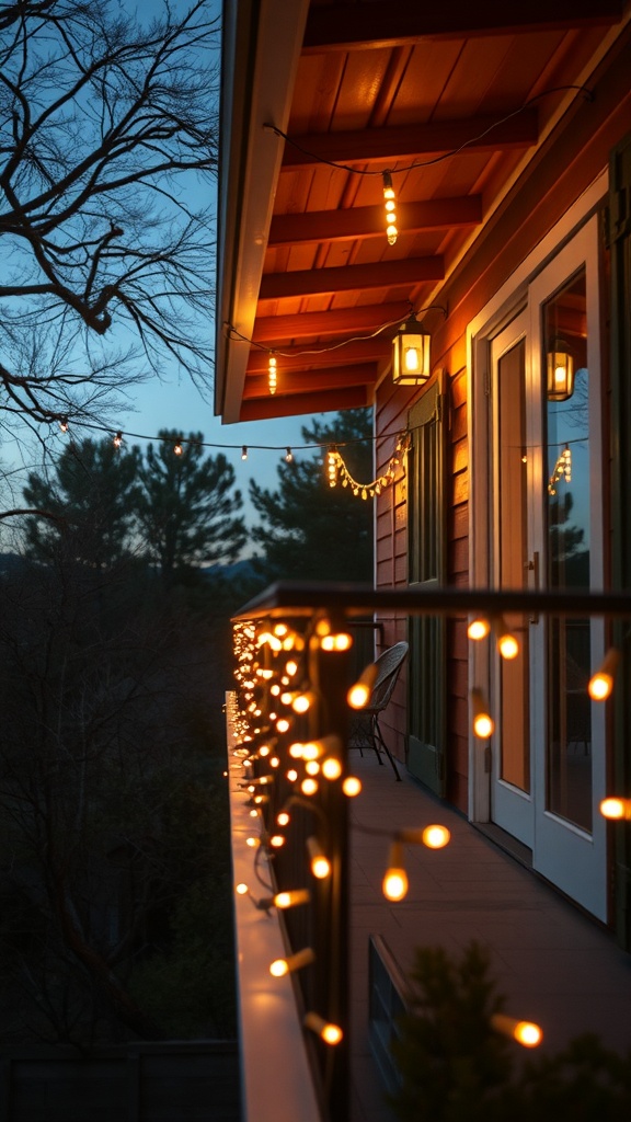 A cozy farmhouse balcony with string lights glowing in the evening