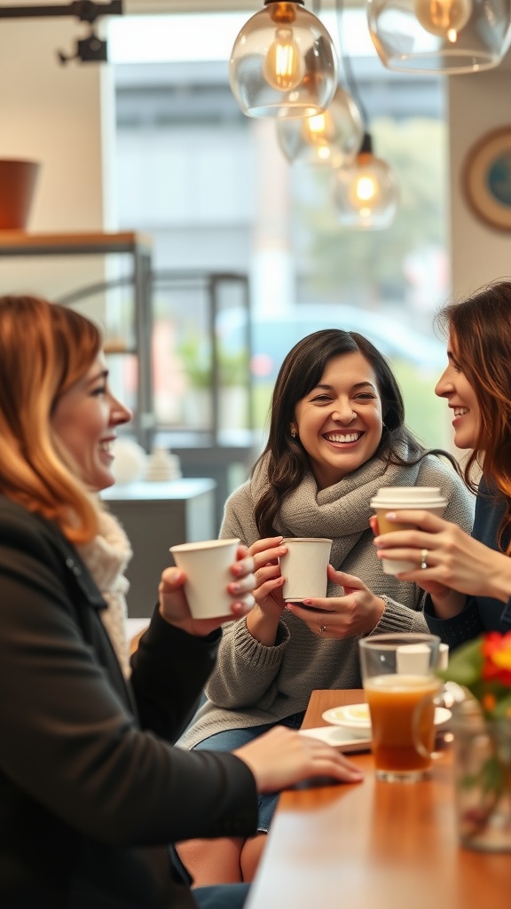 Three women enjoying coffee together in a café, showcasing strong social connections.