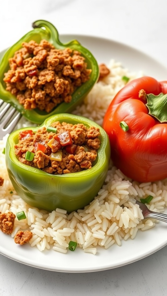 Stuffed bell peppers filled with ground beef and rice on a plate with rice