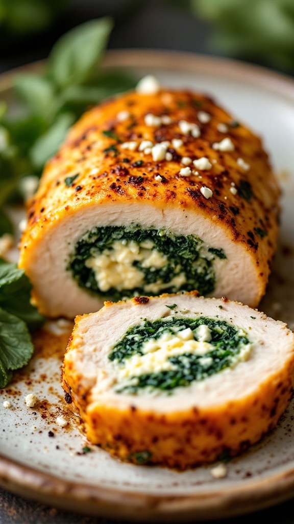 Stuffed chicken breast sliced to reveal spinach and feta filling