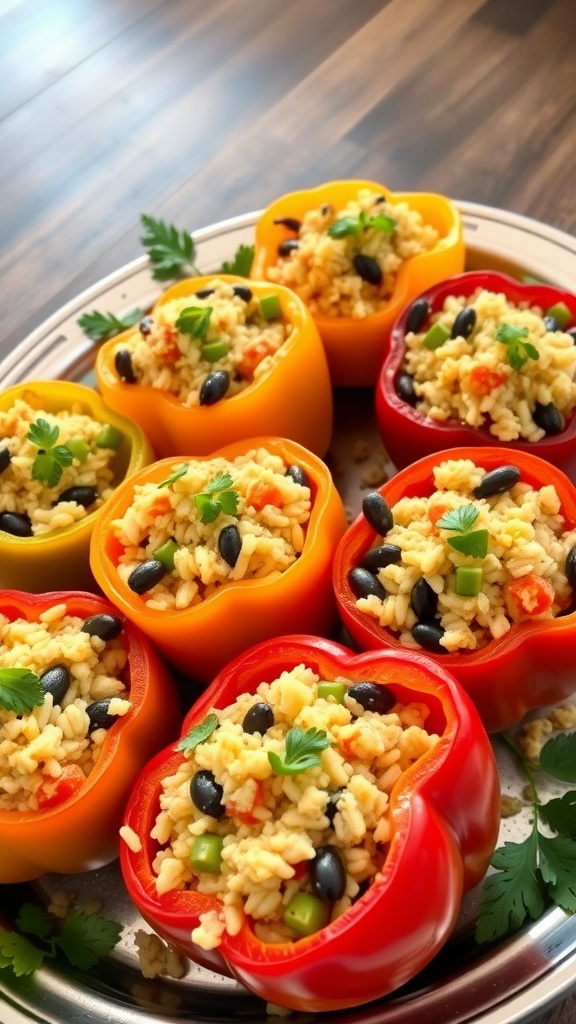 Colorful stuffed peppers filled with rice and beans, garnished with cilantro.