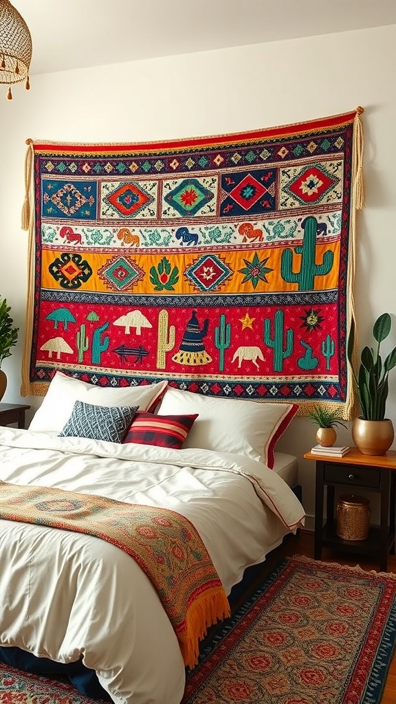 Colorful textile wall art above a bed in a cozy boho eclectic bedroom