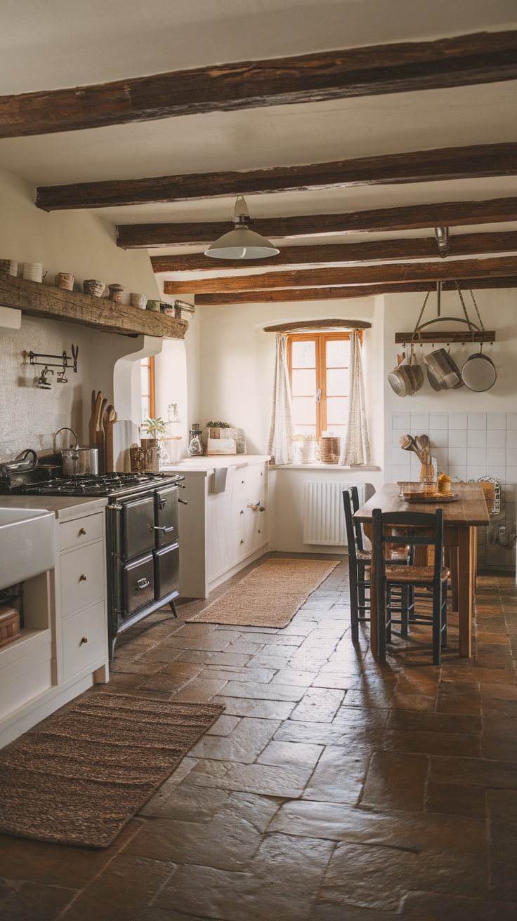 Cozy farmhouse kitchen featuring rustic stone tile flooring and wooden furniture.