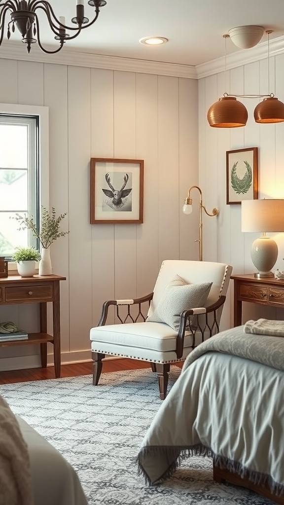 Cozy corner in a farmhouse glam bedroom featuring a stylish accent chair with light fabric and dark wooden legs.