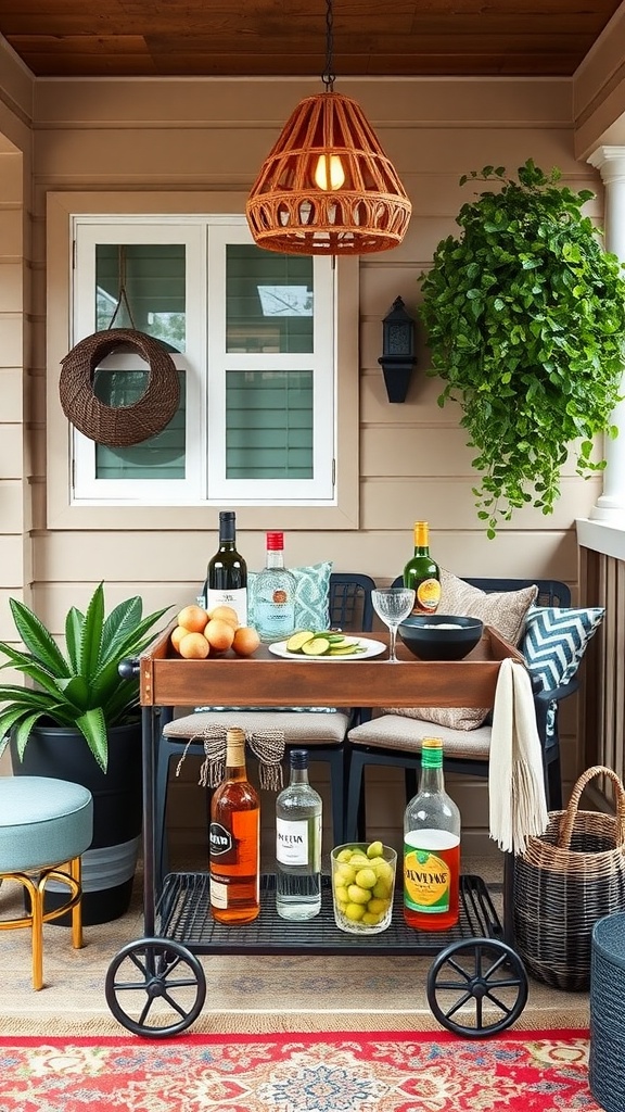 A boho-style bar cart on a back porch, featuring drinks, fruits, and cozy seating