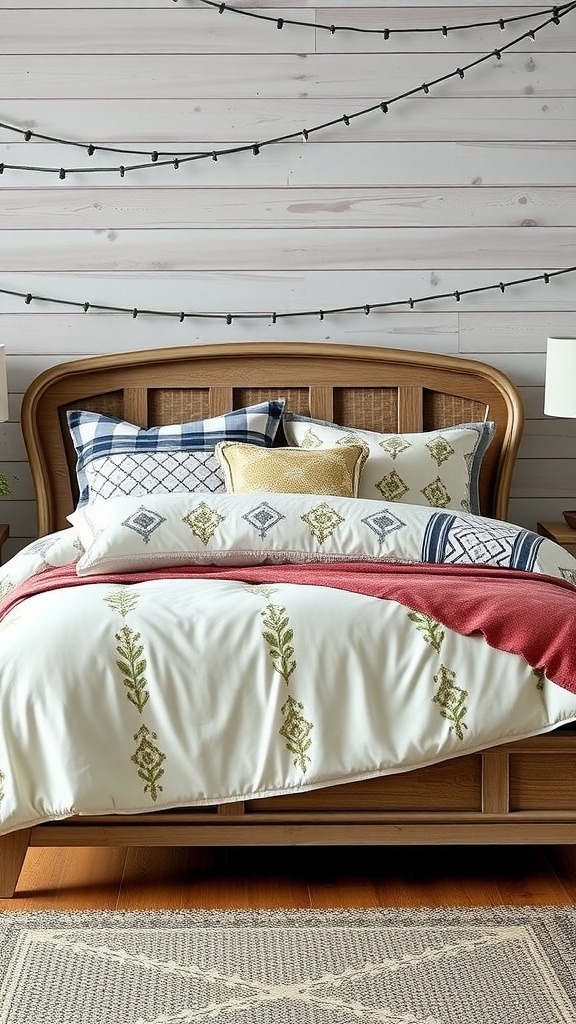 A cozy farmhouse glam bedroom featuring a wooden bed with layered bedding in white and green, accented by a deep red throw and patterned pillows against a rustic wooden wall.
