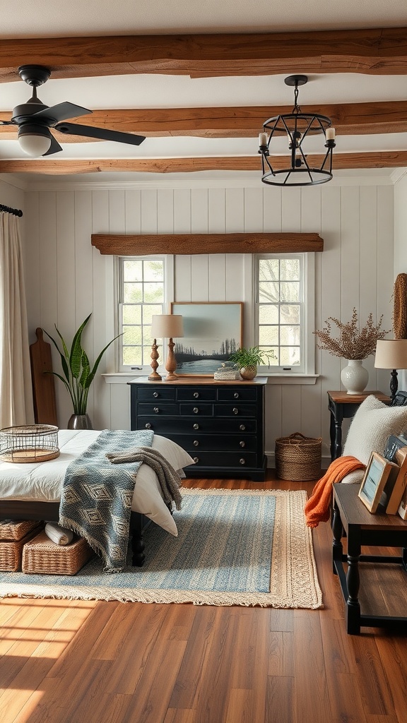A stylish farmhouse bedroom featuring a black dresser, cream walls, and wooden ceiling beams, complemented by cozy textiles and plants.