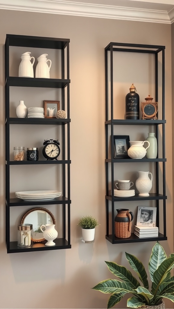 Stylish black and cream wall shelves displaying various decorative items and plants