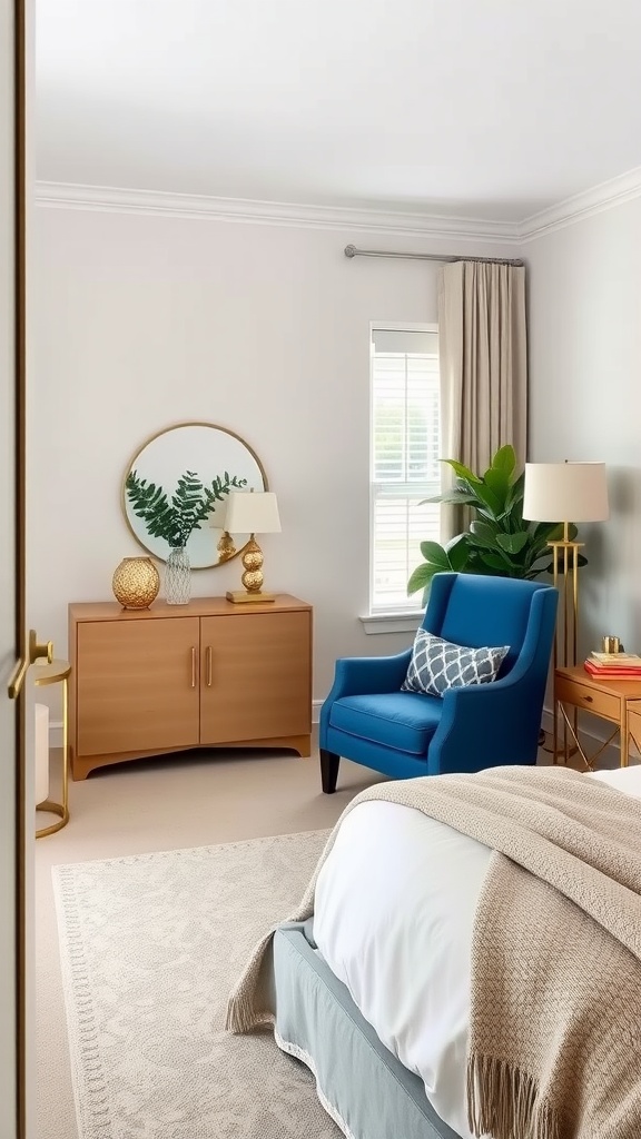 A stylish blue accent chair in a well-decorated bedroom with gold accents and neutral tones.