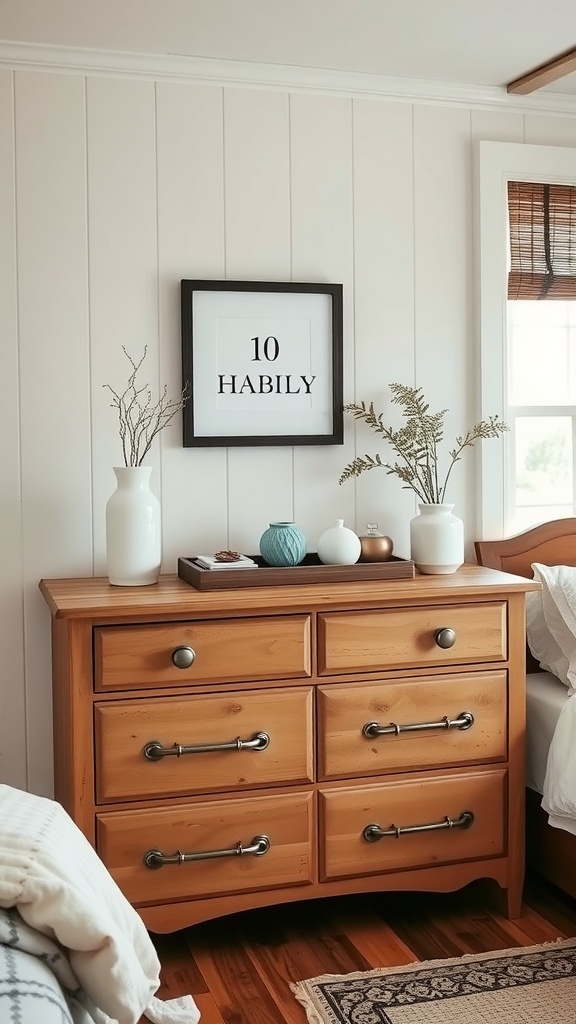 A stylish wooden dresser with decorative vases and a framed picture in a farmhouse glam bedroom