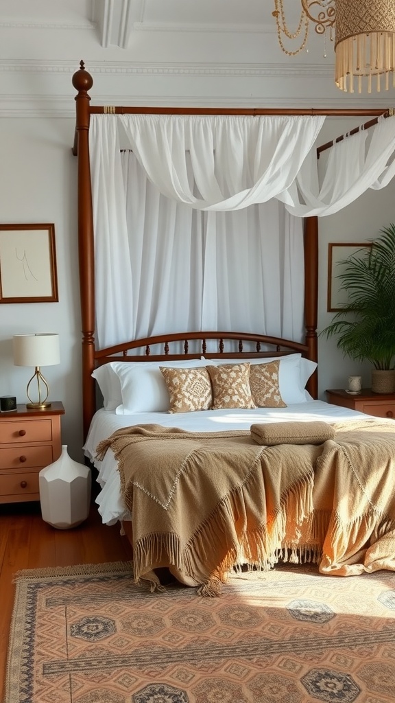 Stylish nightstands beside a canopy bed in a serene boho bedroom