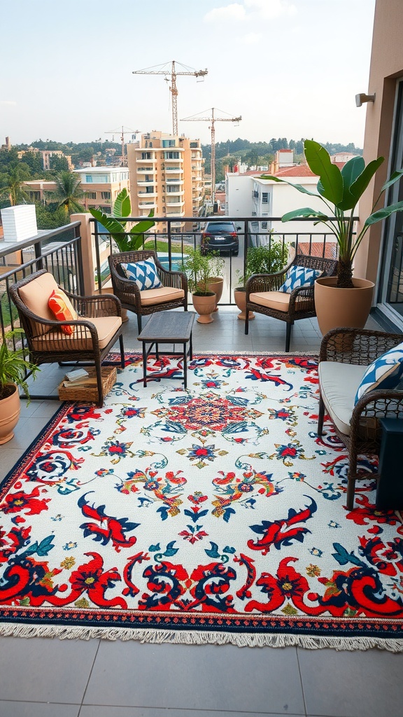 A balcony featuring a colorful outdoor rug, comfortable seating, and potted plants, with a city view in the background.