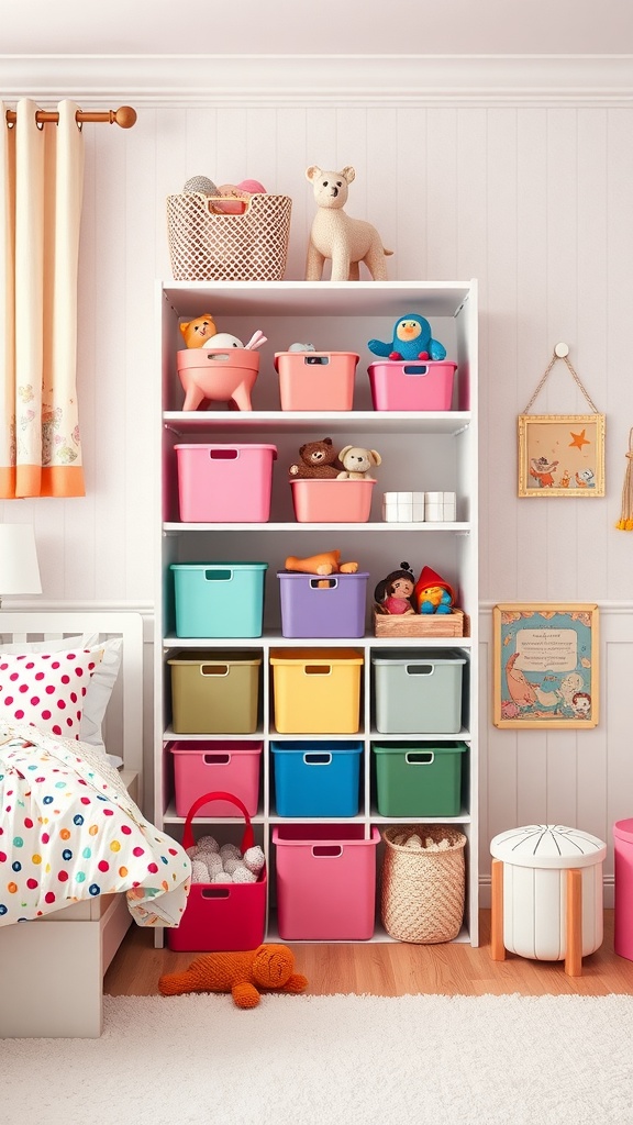 Colorful storage bins and toys in a stylish girl's bedroom