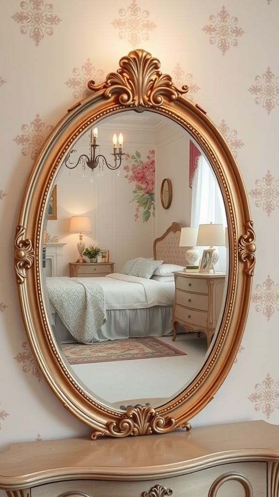 A vintage mirror with an ornate golden frame reflecting a stylish feminine bedroom.