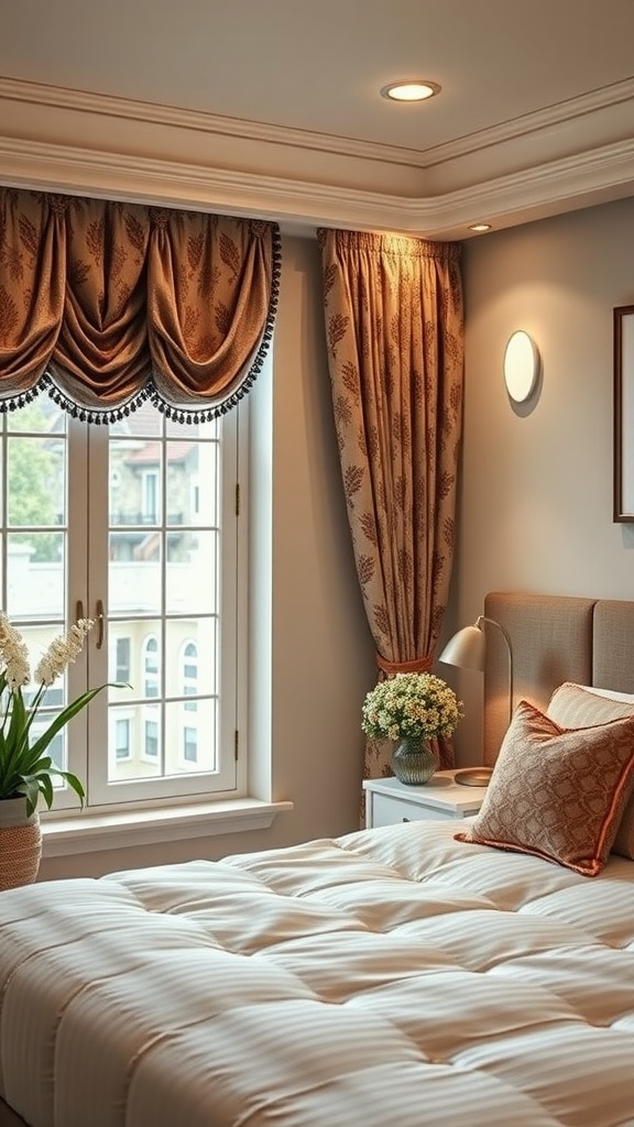 A stylish bedroom featuring elegant window treatments with patterned curtains and a cozy decor
