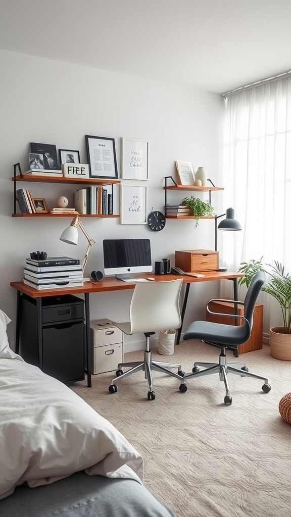 Stylish workspace in a bedroom with a desk, plants, and shelves.