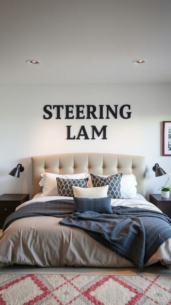 A stylish farmhouse basement bedroom featuring a beige tufted headboard, decorative pillows, and bold wall letters.