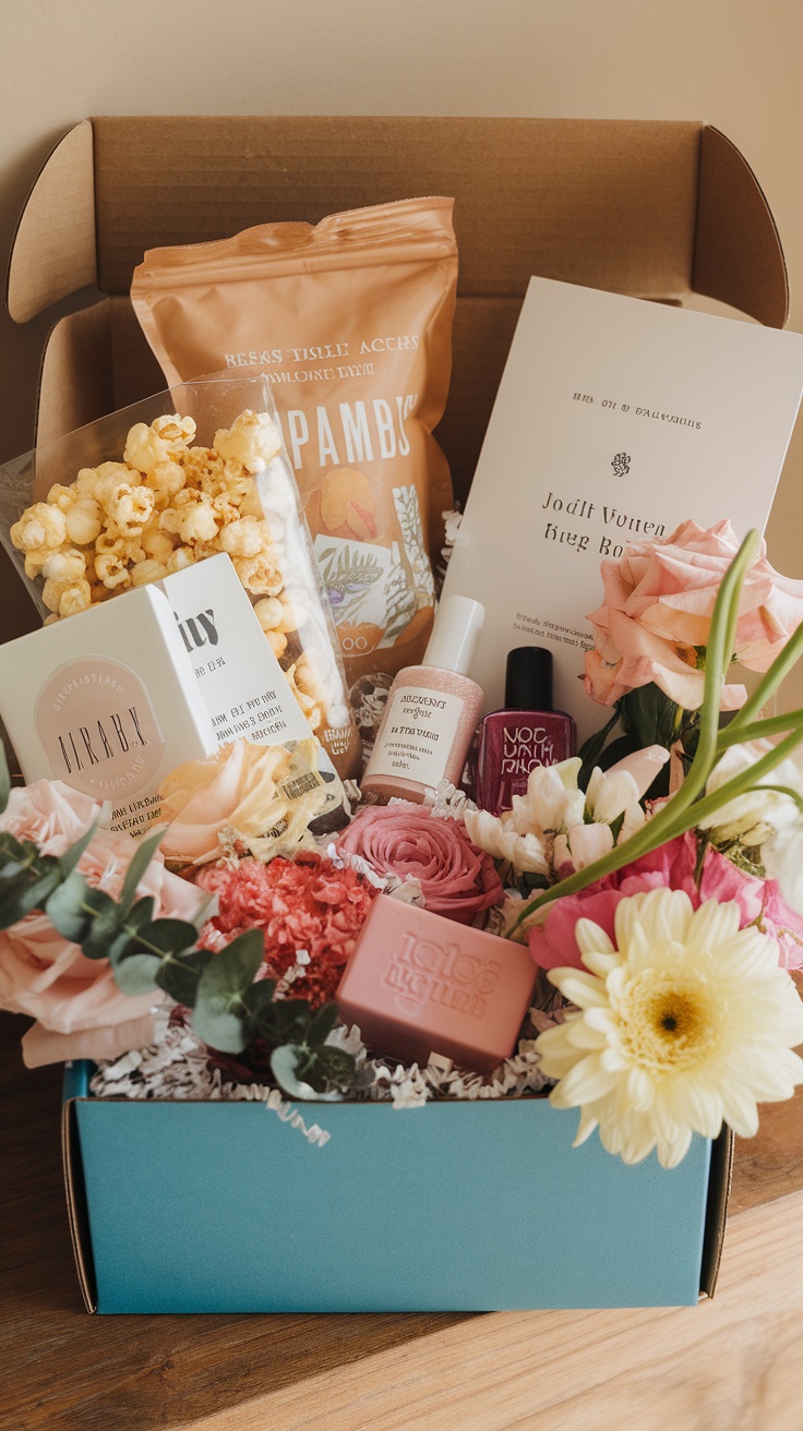 A subscription box filled with snacks, beauty products, and flowers