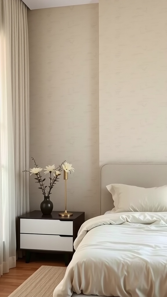 A serene bedroom featuring a subtle beige wall with textured wallpaper, a stylish bedside table with a vase of flowers, and light-colored bedding.