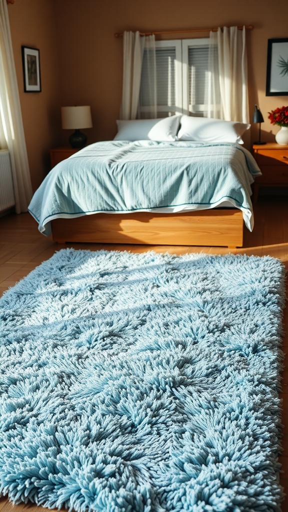 A cozy bedroom featuring a light blue area rug, wooden furniture, and soft bedding, creating a serene atmosphere.