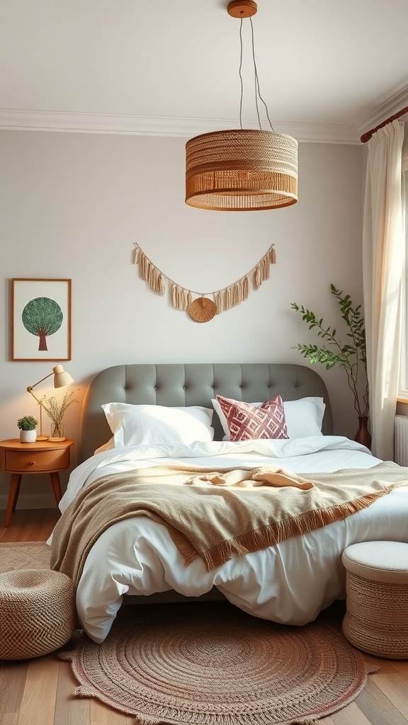 A cozy bedroom featuring mid-century modern design with subtle bohemian touches, including a woven pendant light, earthy textiles, and natural decor elements.