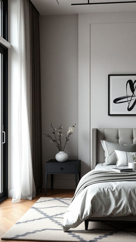 A stylish neutral bedroom featuring a light color scheme with a dark nightstand and artwork.